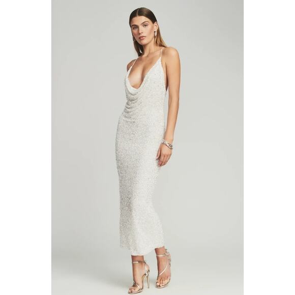 Retrofete Frieda Sequin Dress in White Size Medium Sleeveless Midi Cowl Neck NWT - Picture 1 of 14